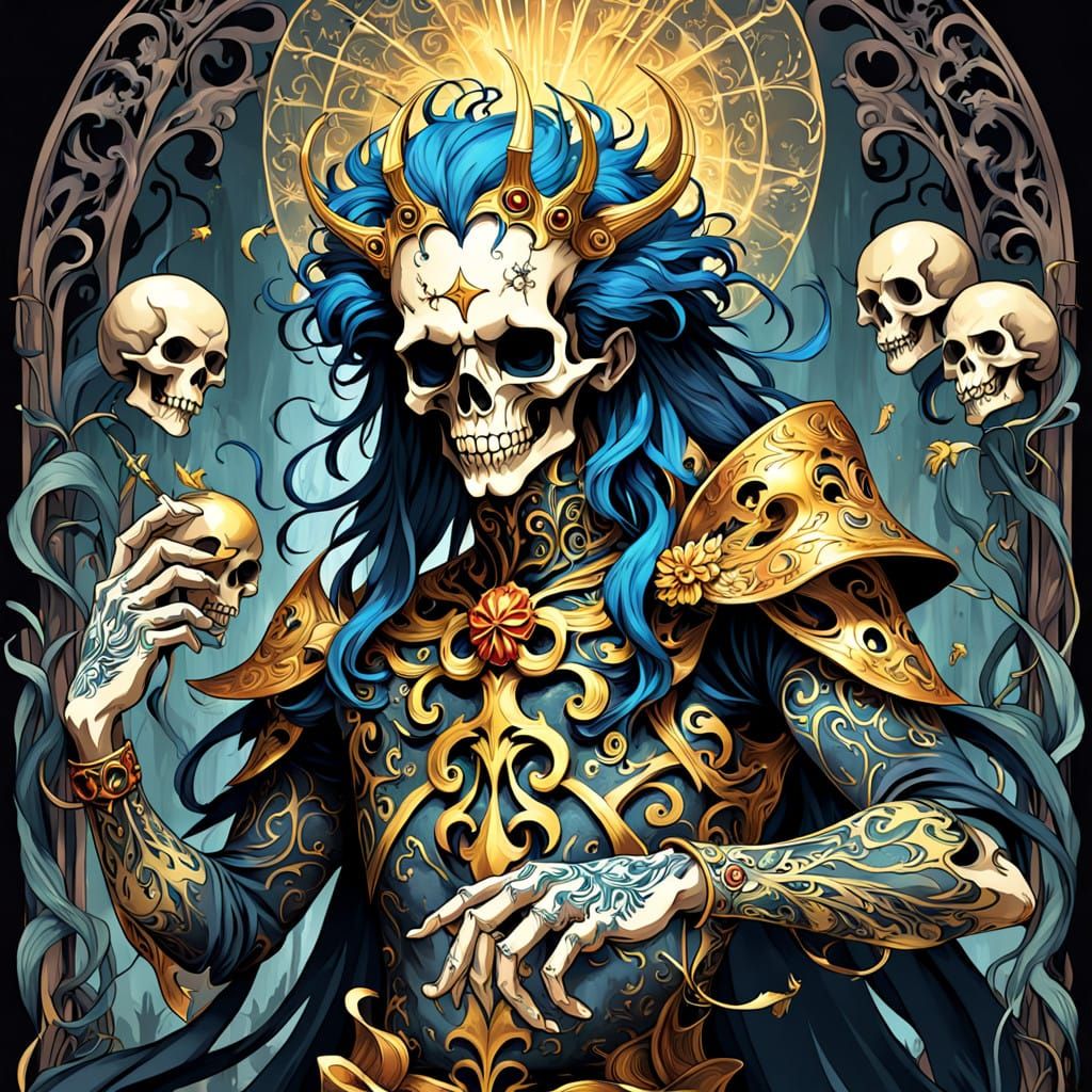 Dark Regal Figure Wields Golden Demon Skull