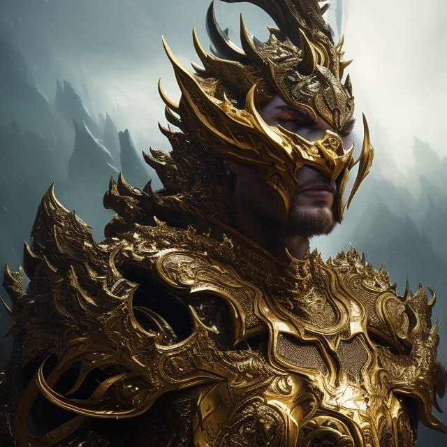Majestic Demon Portrait with Gold Armor in Digital Art Style