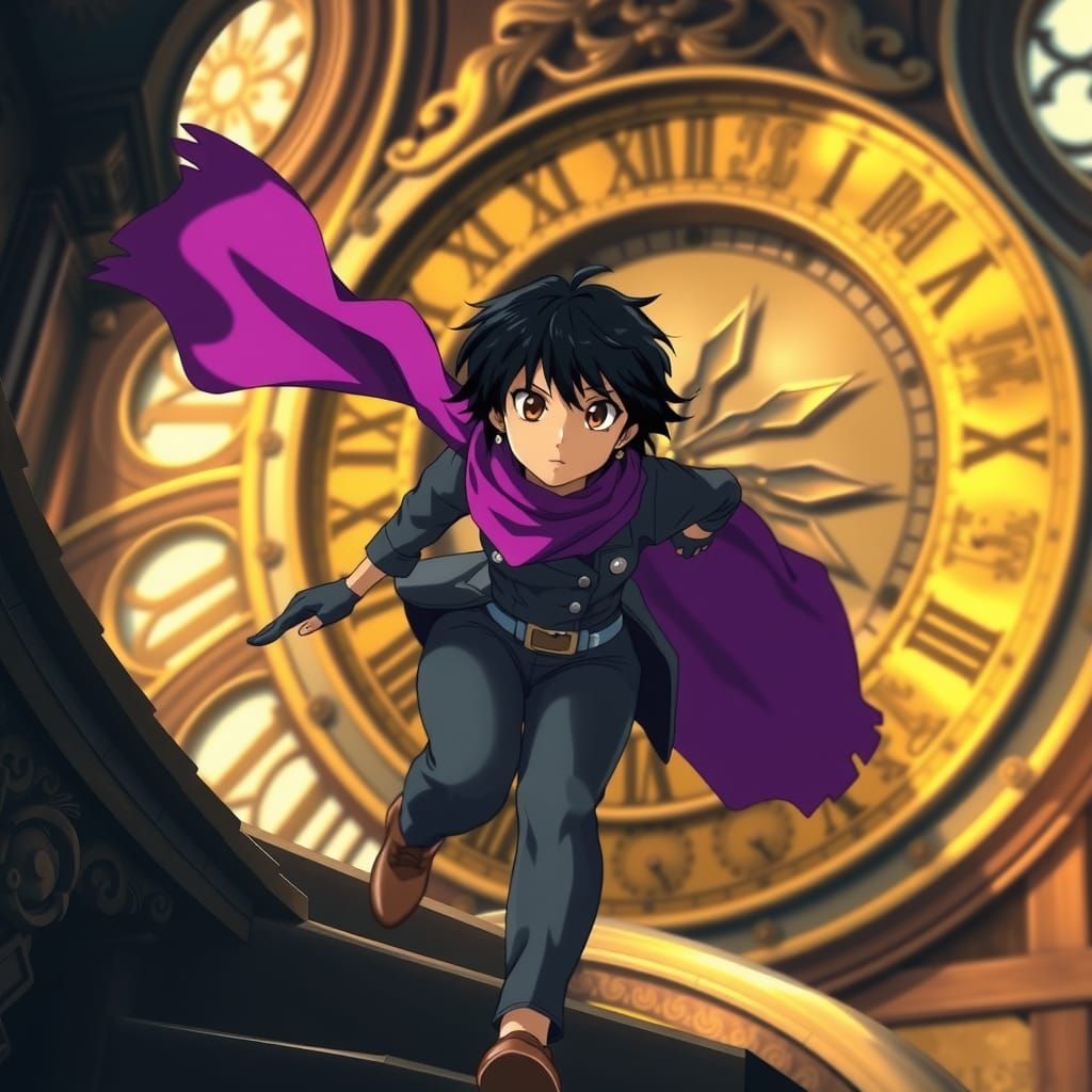 Anime Woman in Gothic Clock Tower with Pocket Watch