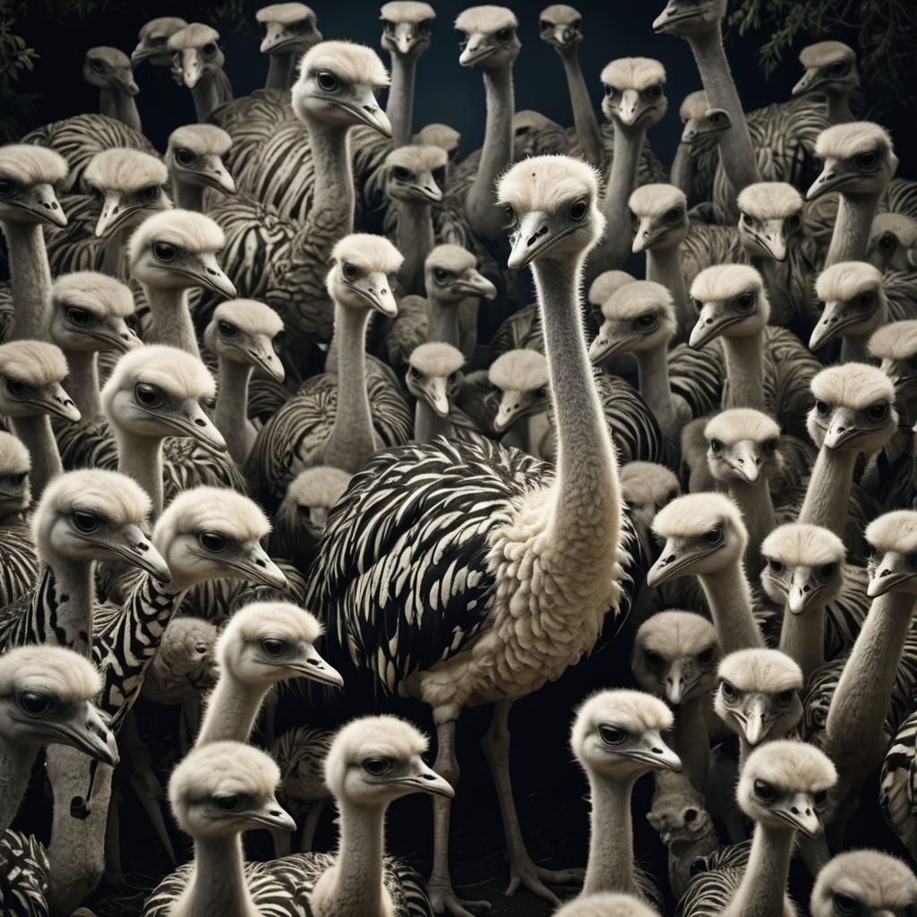 Hybrid Ostrich-Zebra with Alien Creatures in Garden