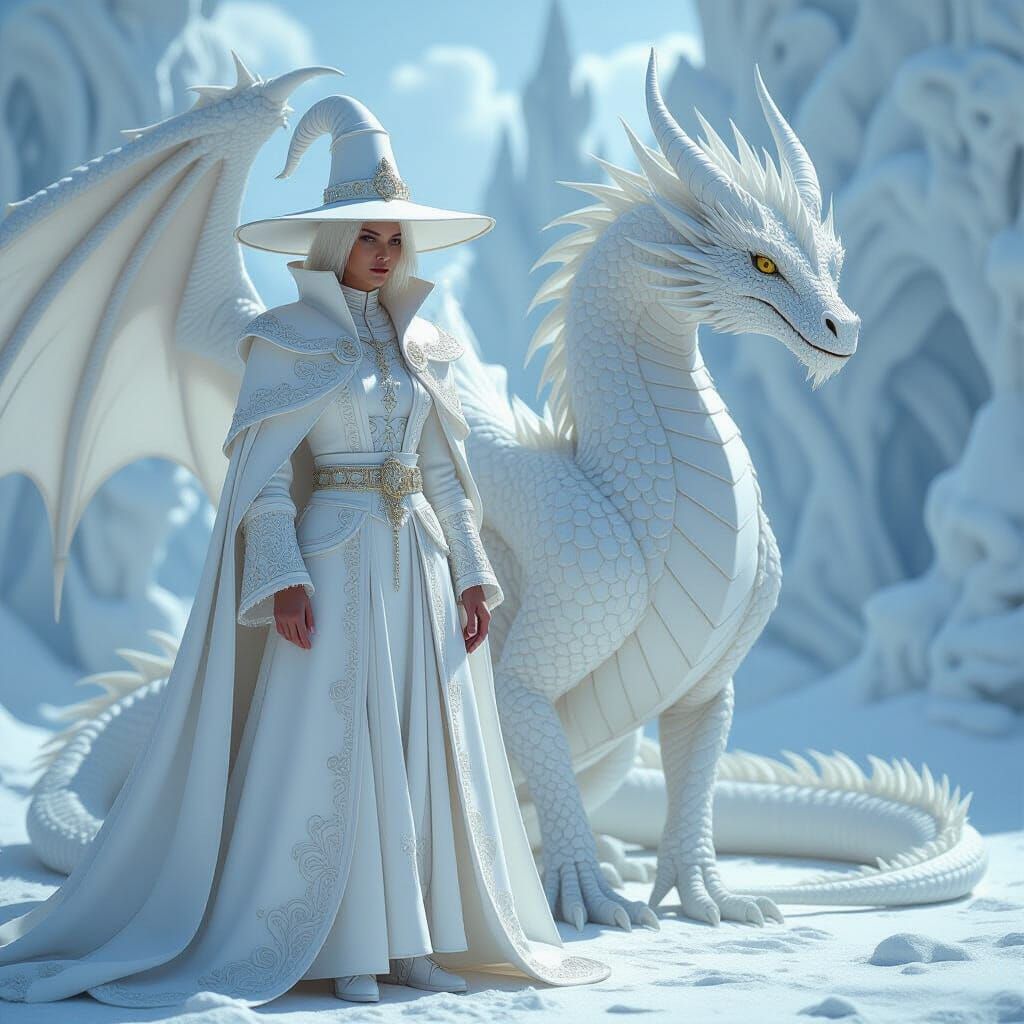 White Wizard and Dragon in Surreal Landscape