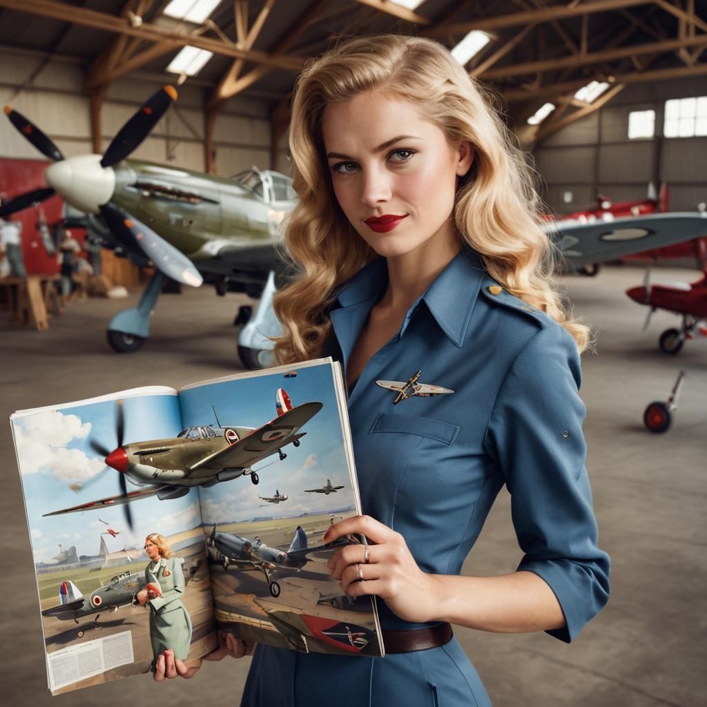 WWII Pin-Up Girl Stands Tall with Vintage Spitfire