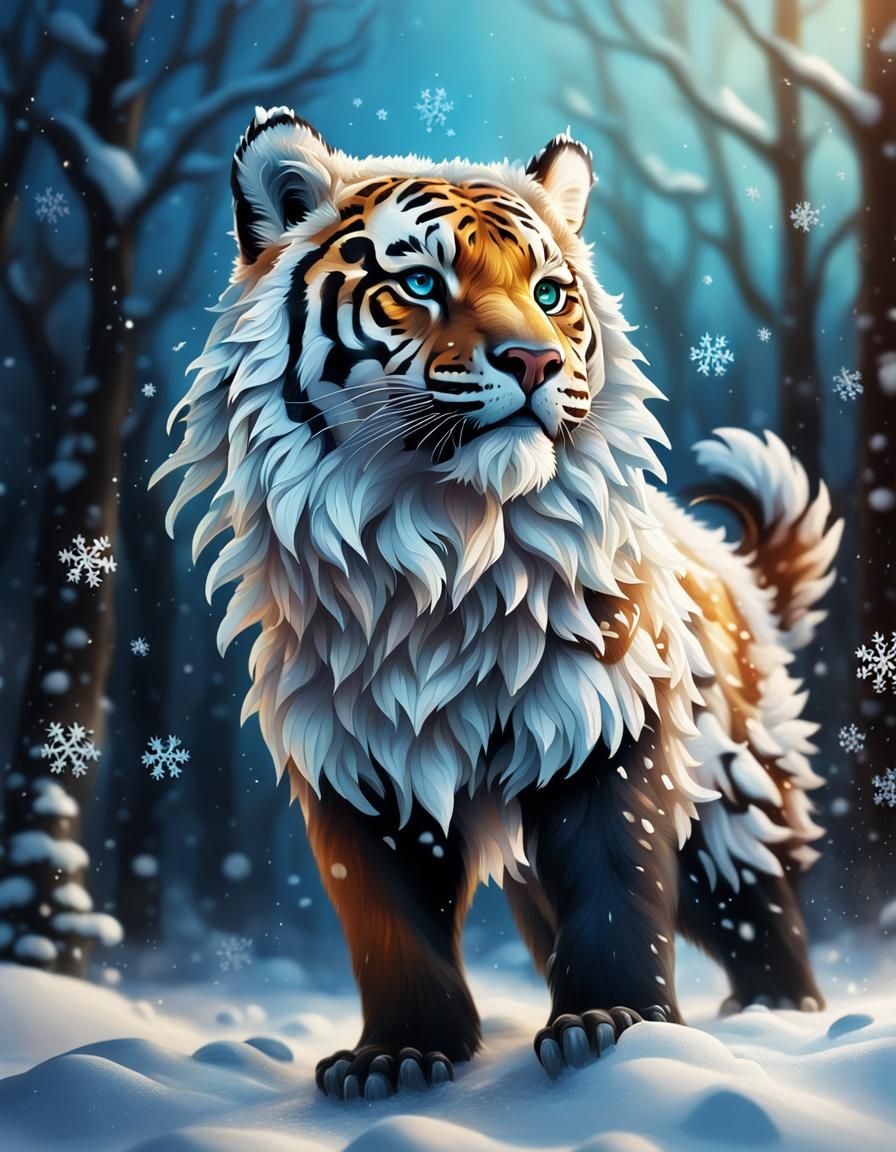 Hyperrealistic Animal Figures in Falling Snowflakes