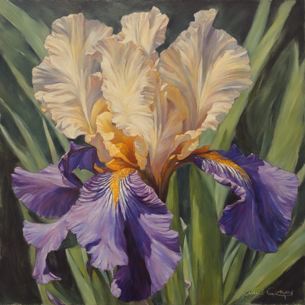 Oil Painting of a Blooming Iris Flower