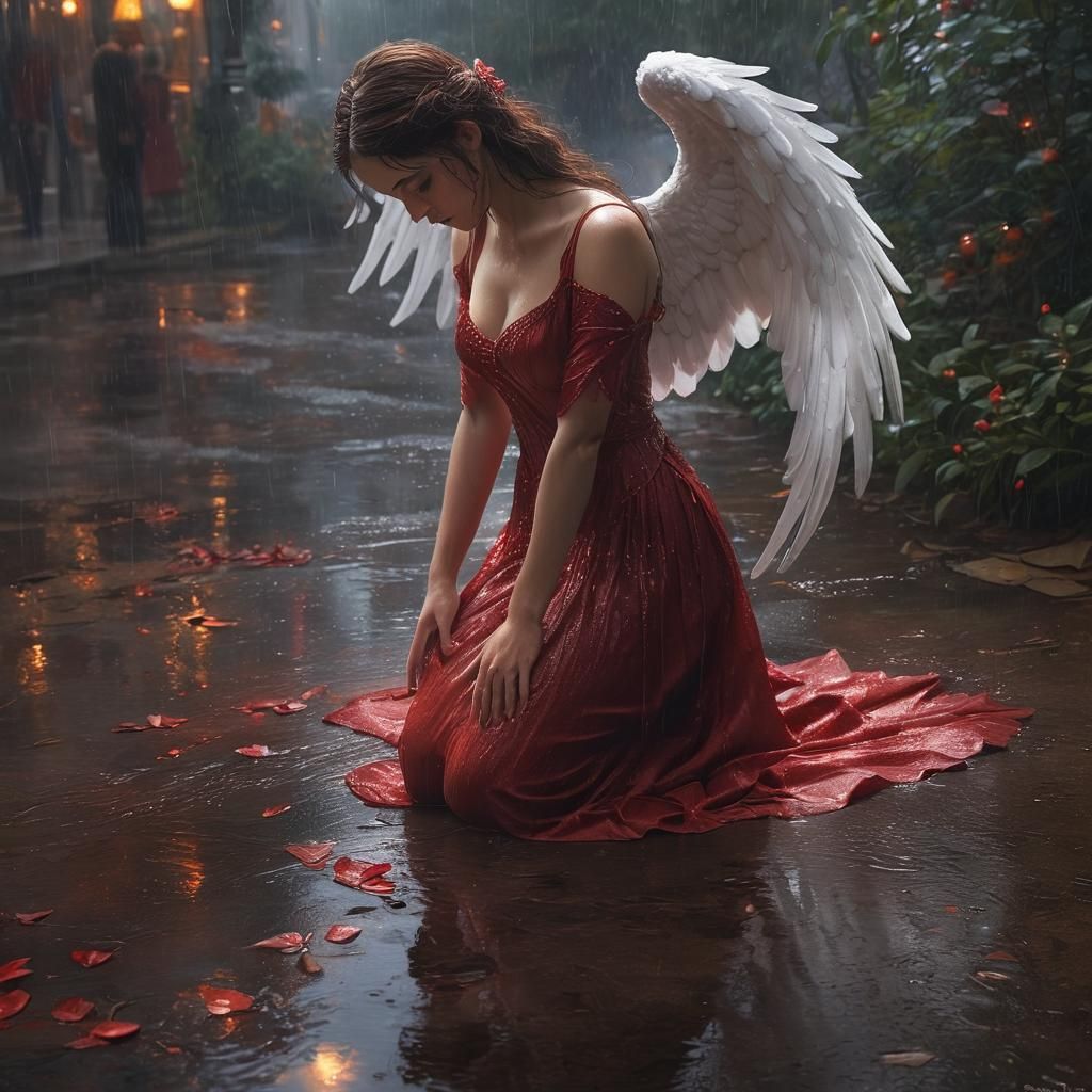 Fallen Angel Kneeling in Rain Photorealistic Photography