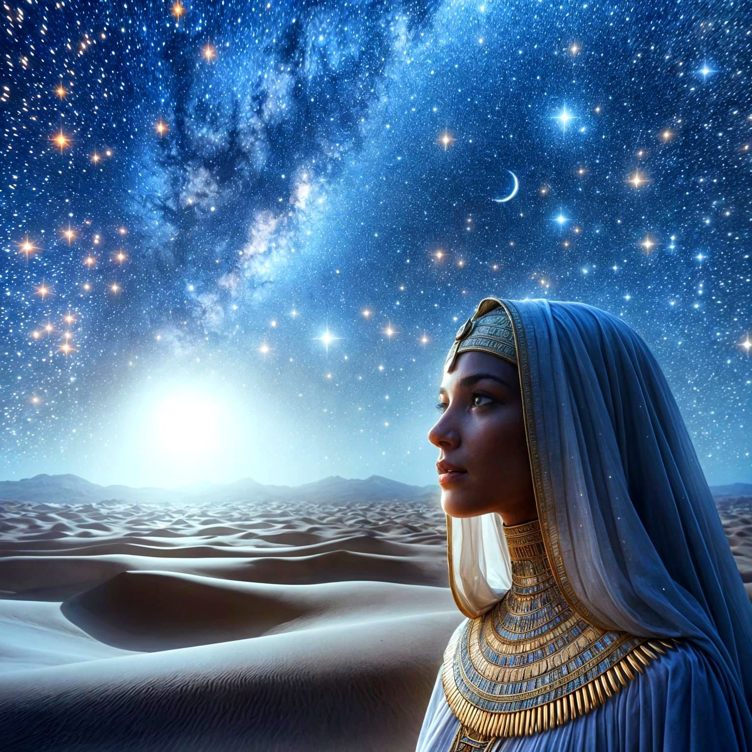Egyptian Priestess in Desert Nighttime Scene