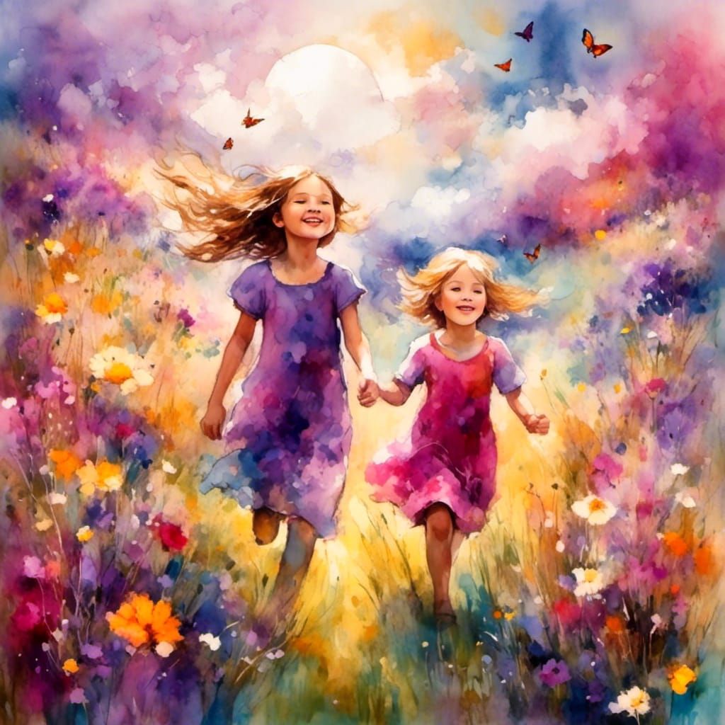 Children Playing in a Sunny Meadow