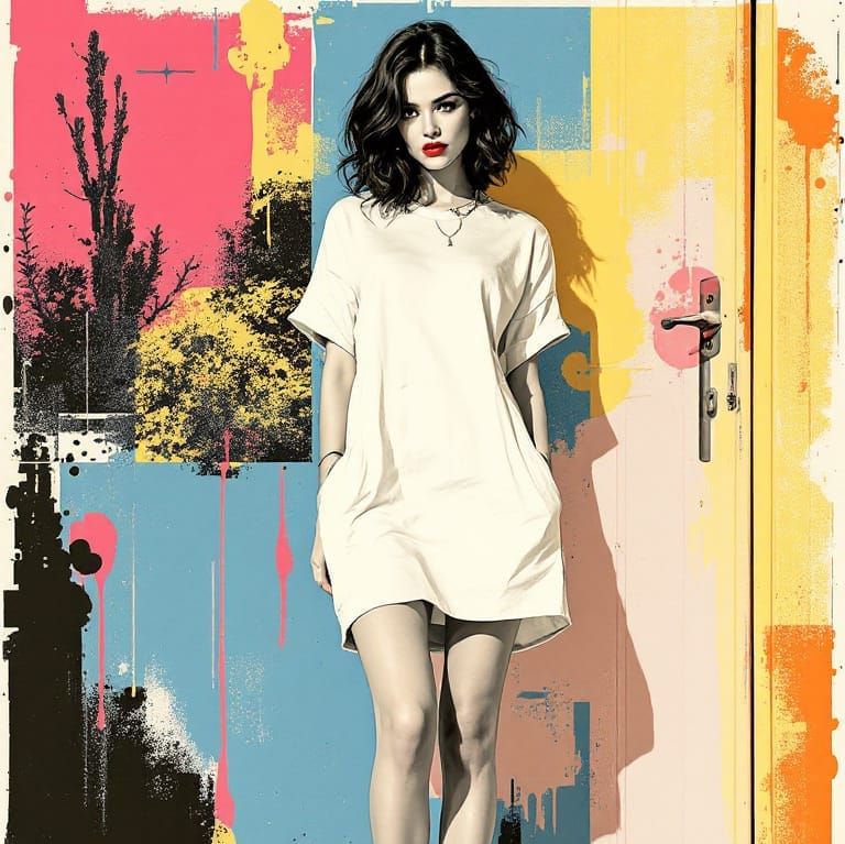 Woman in White Dress with Risograph Style