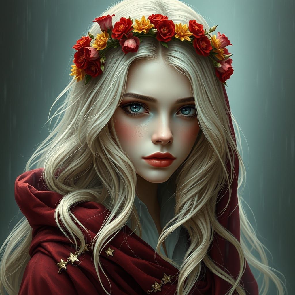 Enchanted Fantasy Maiden in Crimson Veil and Amber Wreath
