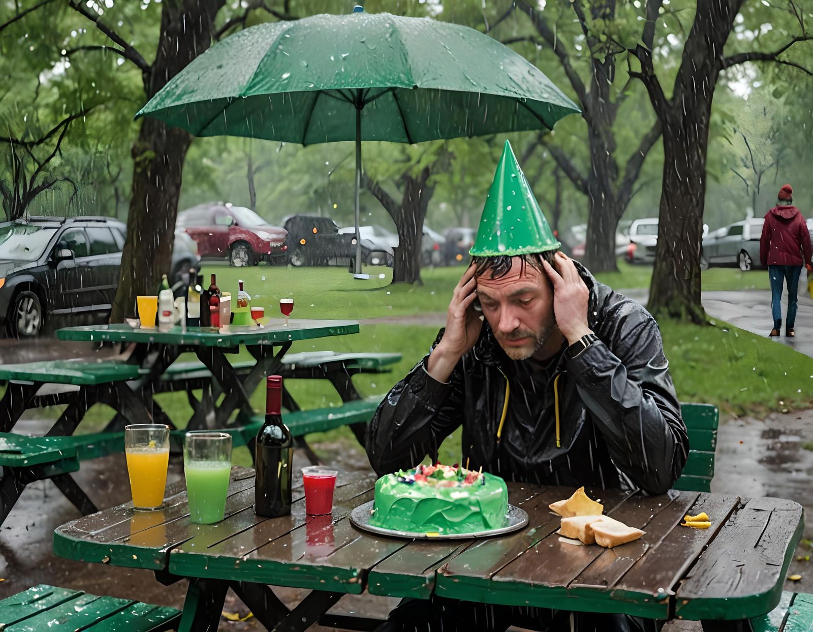 Sad Man at Picnic Table in Thunderstorm