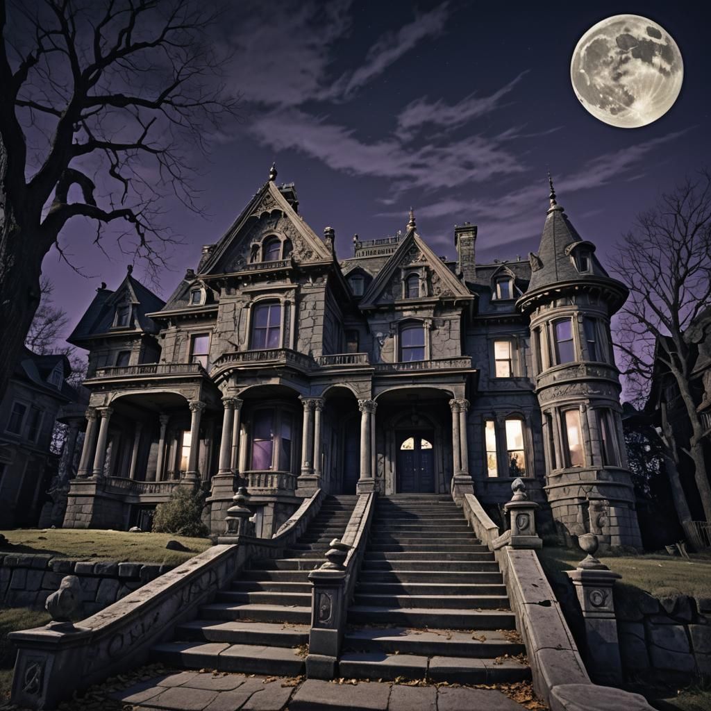 Spooky Mansion Under a Full Moon in HDR