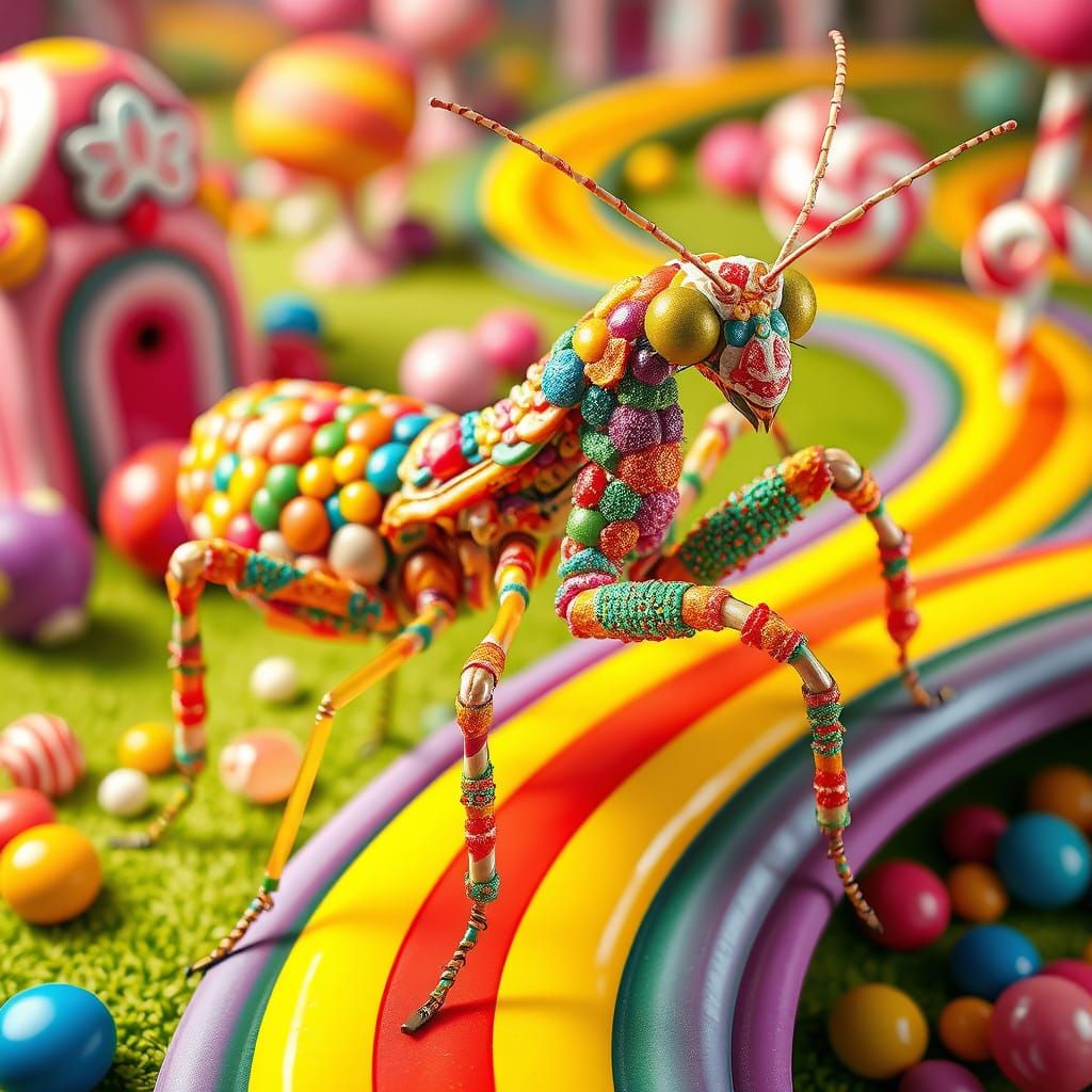 Vibrant Candy Praying Mantis in Whimsical Candyland
