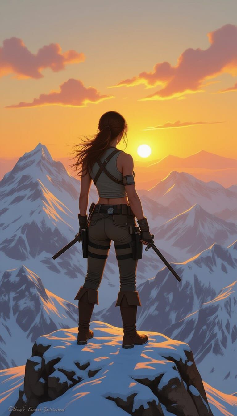 Lara Croft on Snow Mountain, Oil Painting