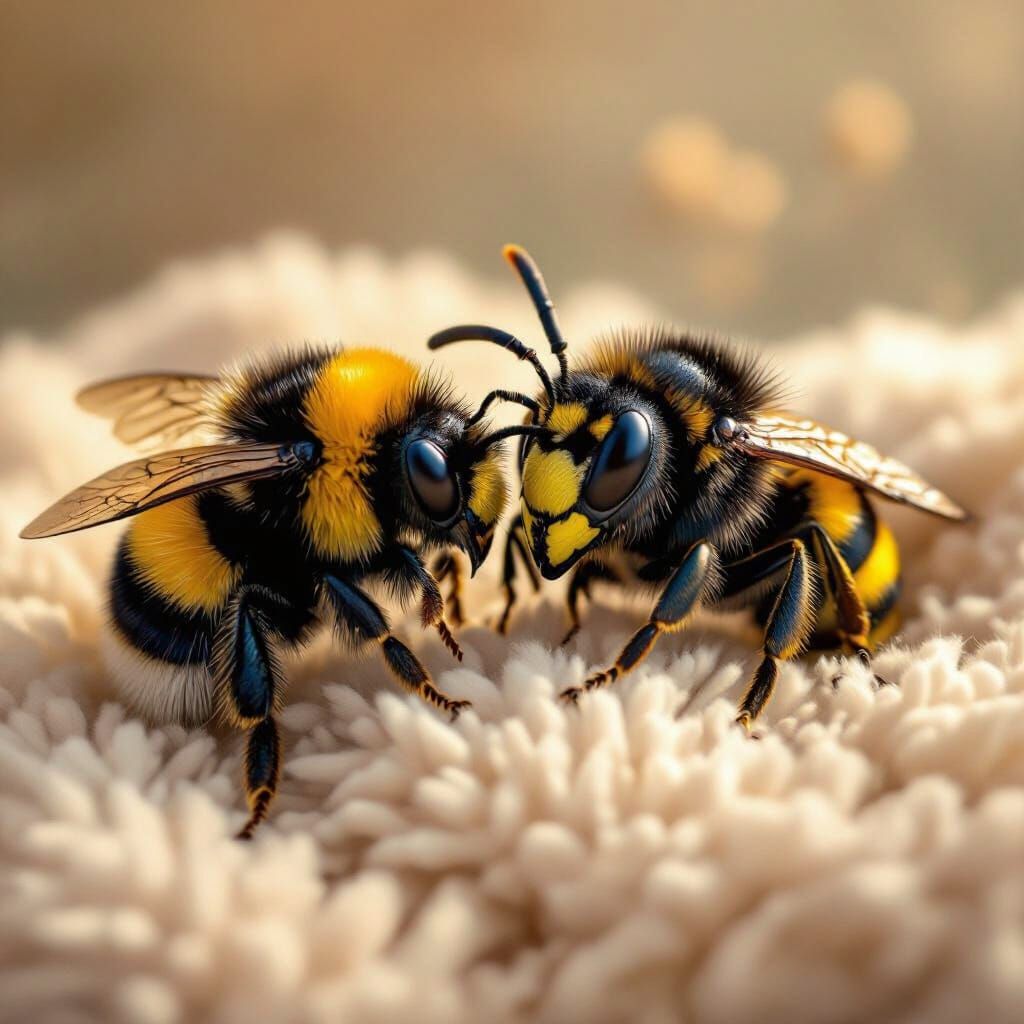 Fluffy Bumblebee Cuddles Giant Hornet in Whimsical Illustrat...