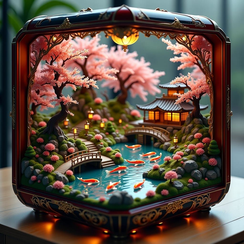 A Japanese garden scene is delicately contained within an ornate music box