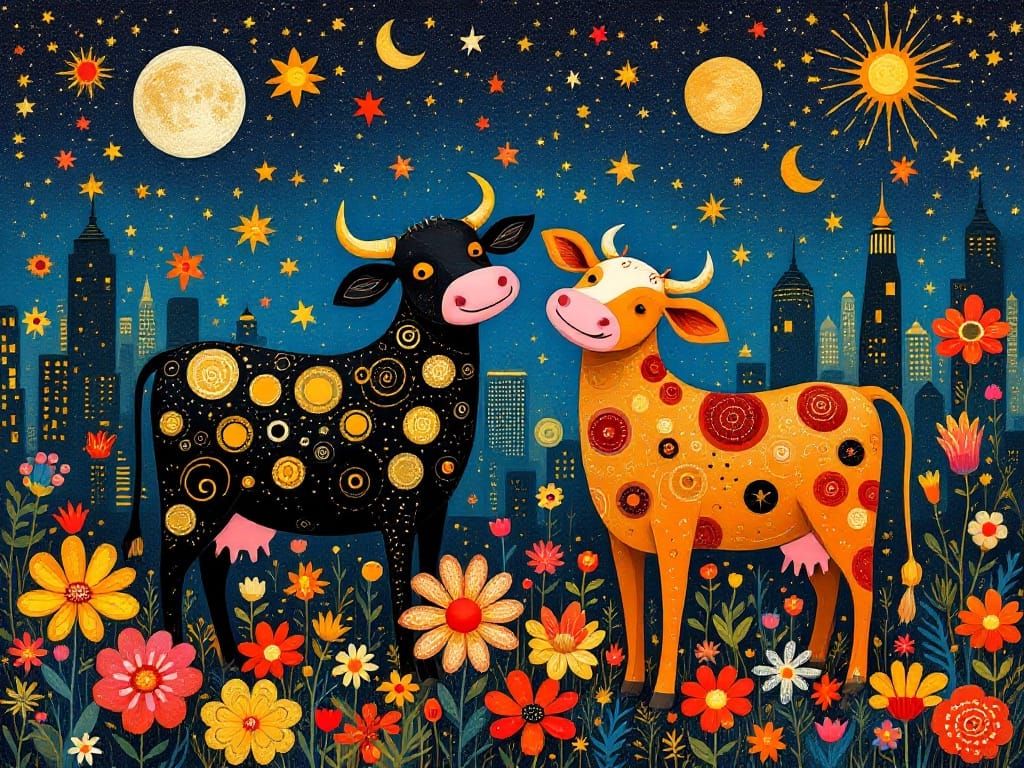 Surreal Cows Shine with Cosmic Beauty in Vibrant Cityscapes