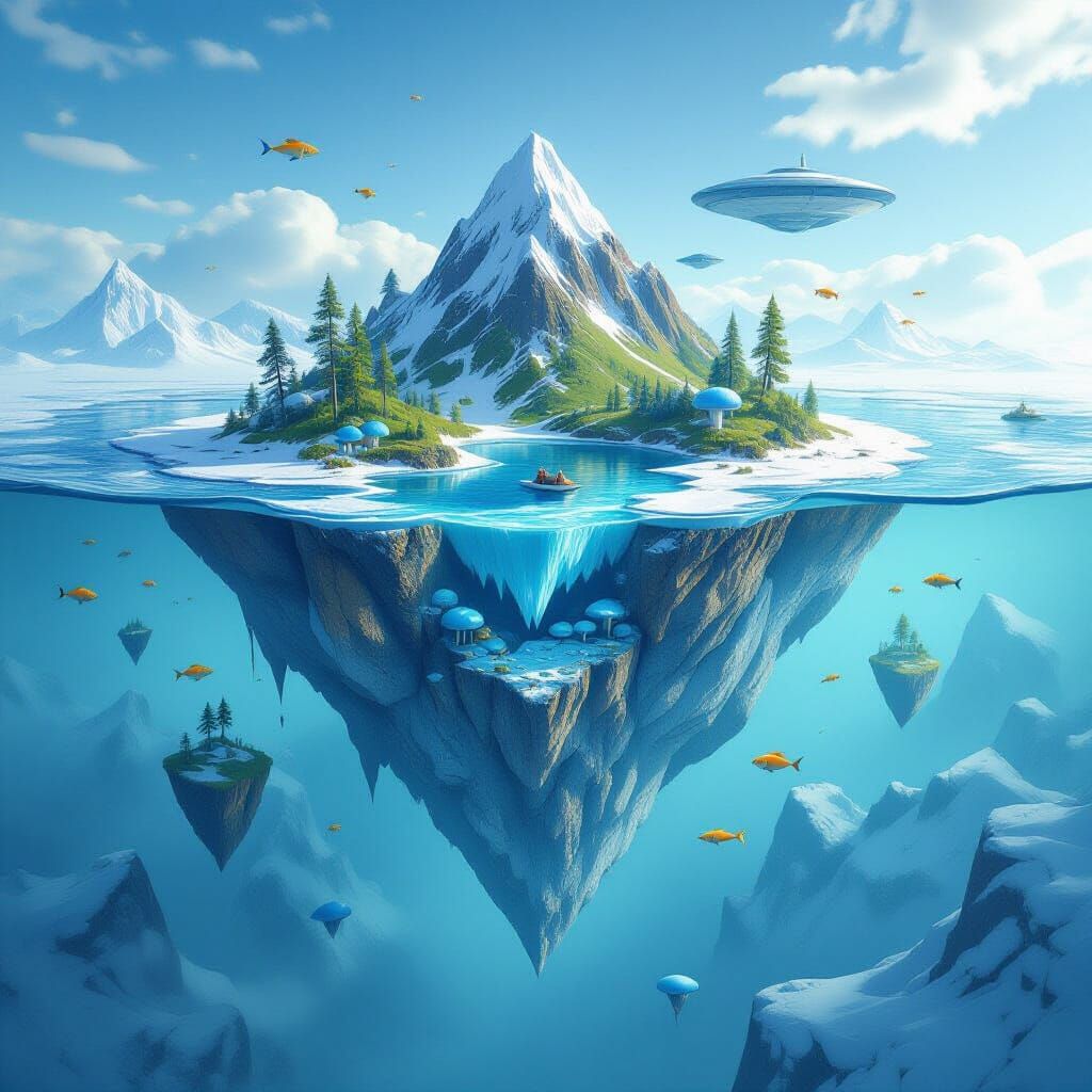 Surreal Floating Island Above Icy Landscape