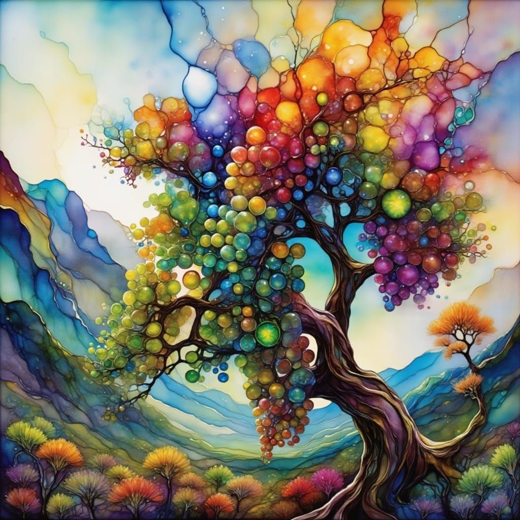 Jewel-Toned Grapes in Surreal Alcohol Ink Landscape