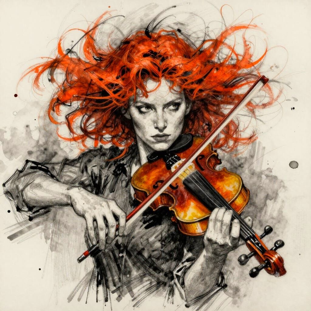 Hyperdetailed Charcoal Drawing of a Violinist