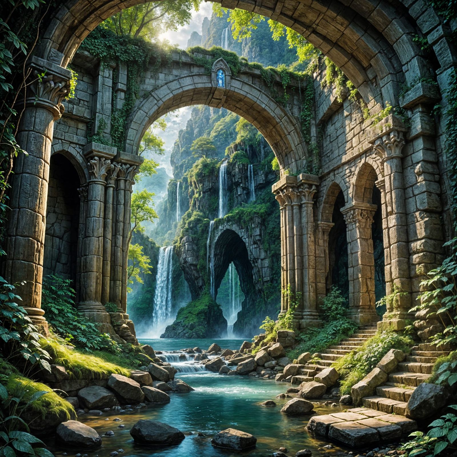 Surreal Fantasy Cave Scene with Waterfall and Ancient Ruins