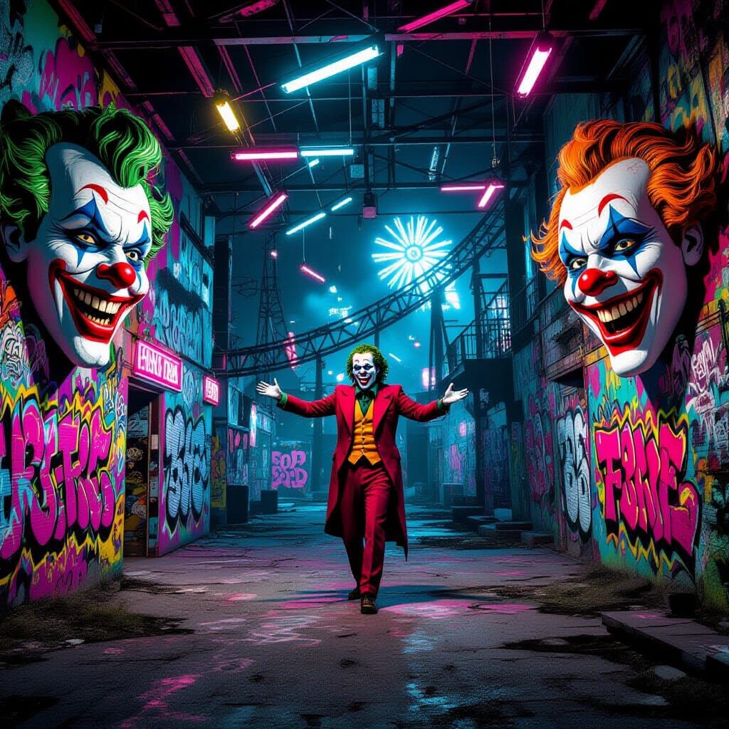 Joker's Chaotic Carnival Hideout in Neon Pop Art Style