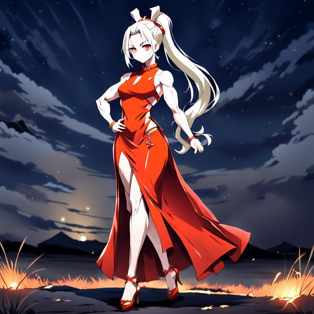 Muscular Woman in Red Dress, Anime Style
