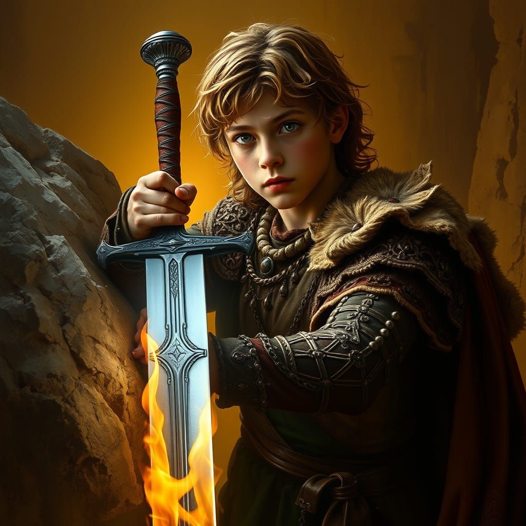 Arthur Pendragon and the Sword of Fire in Traditional Oil Pa...