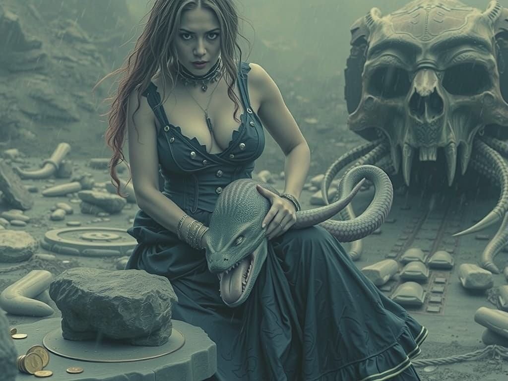 Sinister Sea Witch With Pink Eel in Dramatic Rain