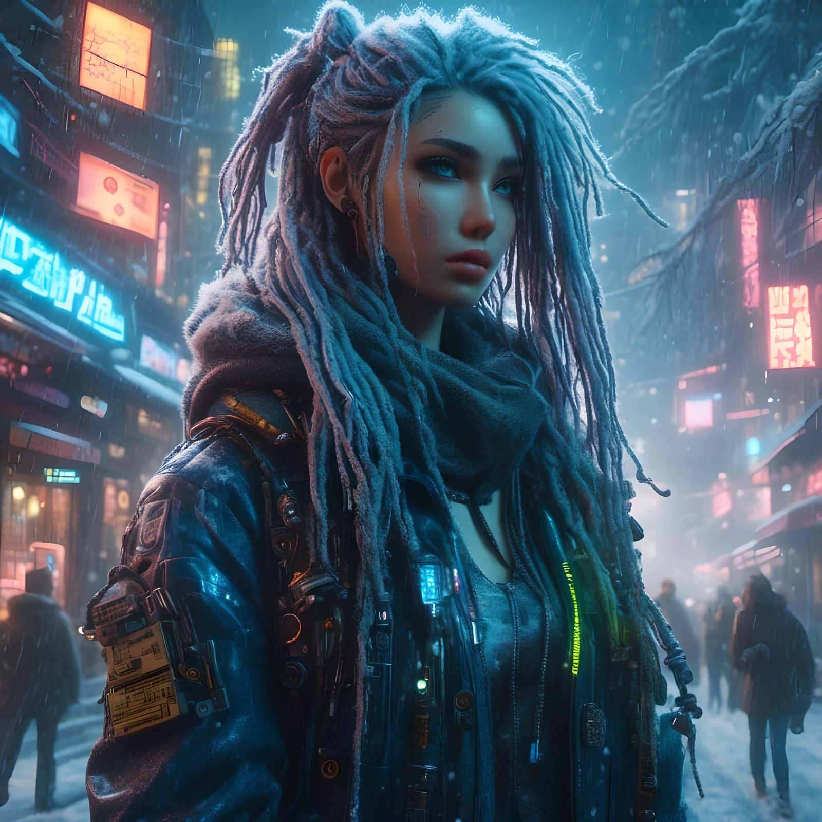Cyberpunk Girl with Rabbit in Dystopian City