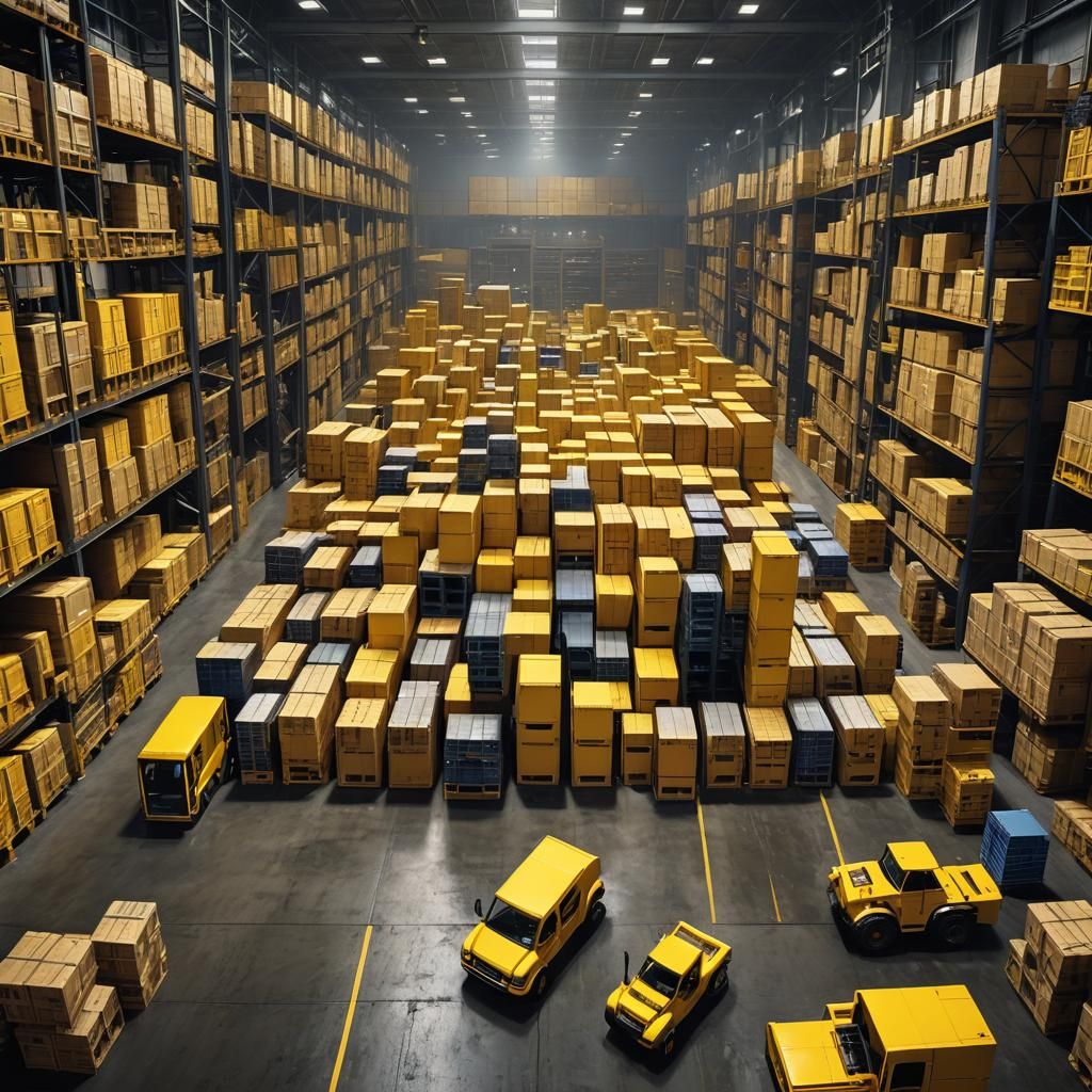 Yellow Tetris Block in Warehouse, Detailed Matte Painting