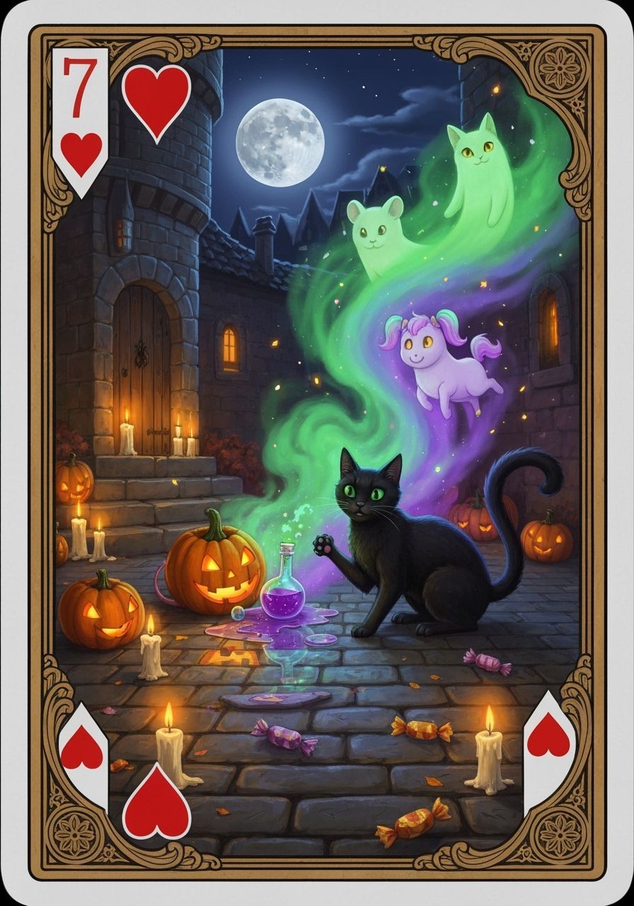 Halloween Black Cat Prowls Courtyard with Potion Spill