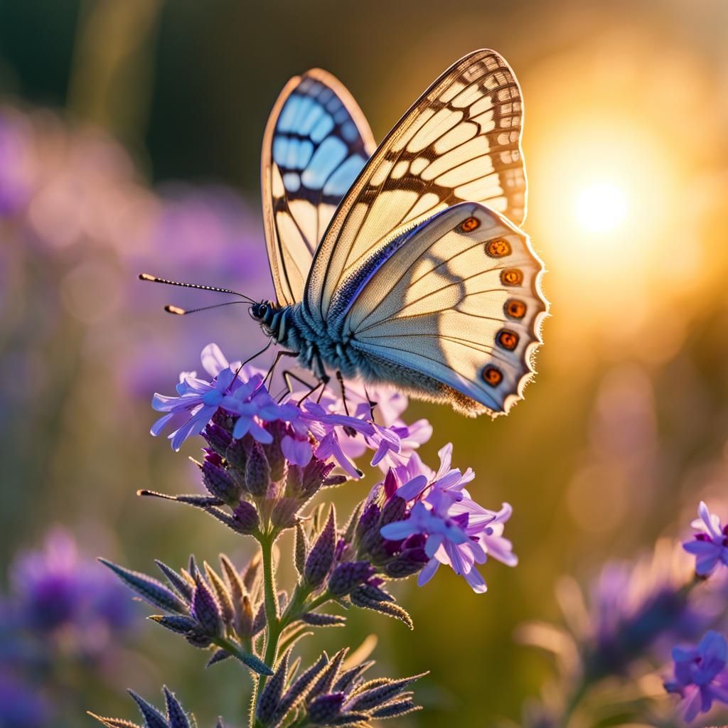Translucent Blue Butterfly Pollinating a Flower at Sunset