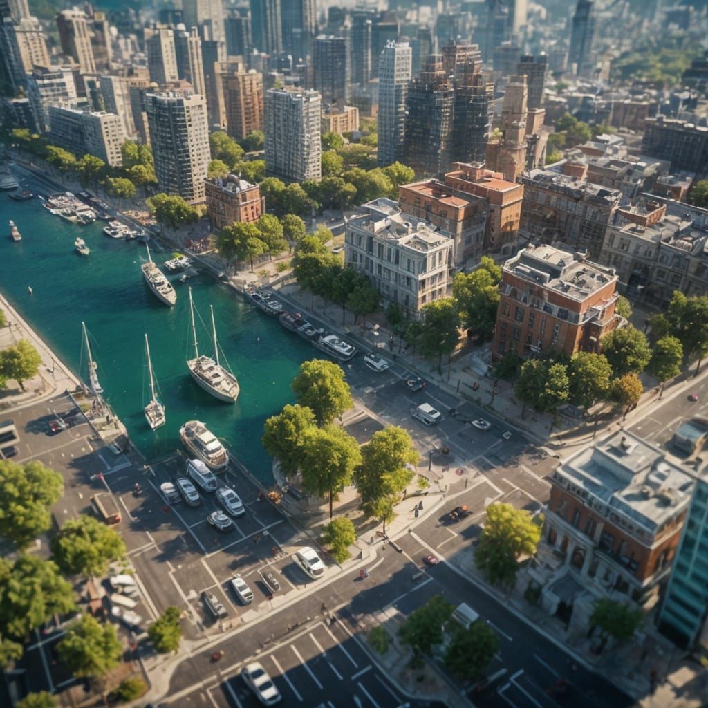 Hyper-Realistic Cityscape Aerial View in Tilt-Shift Style