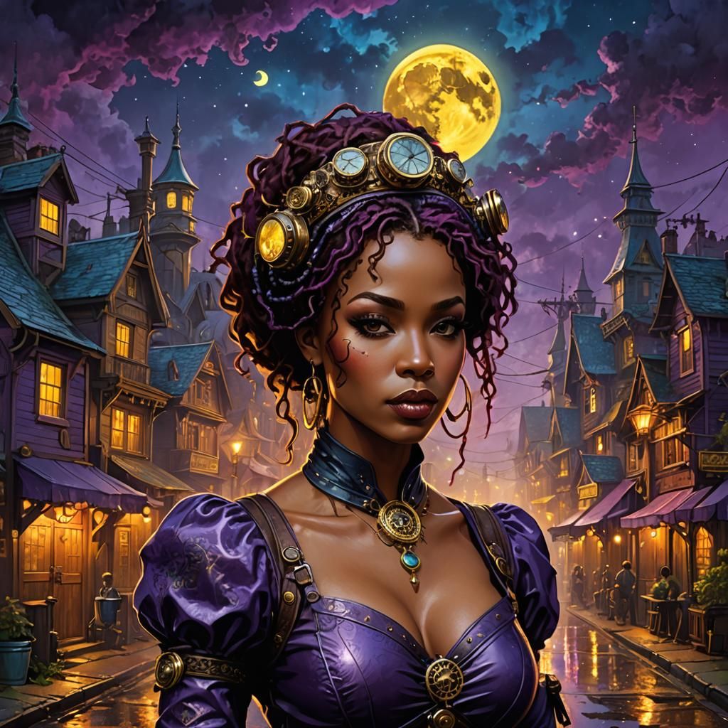 Misty Steampunk Village Illustration in Encaustic Oil