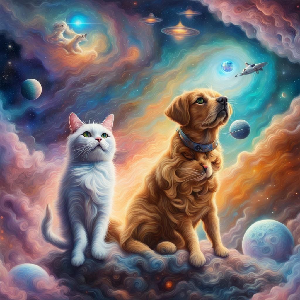 Astral Cat and Dog in Space, Surreal Illustration