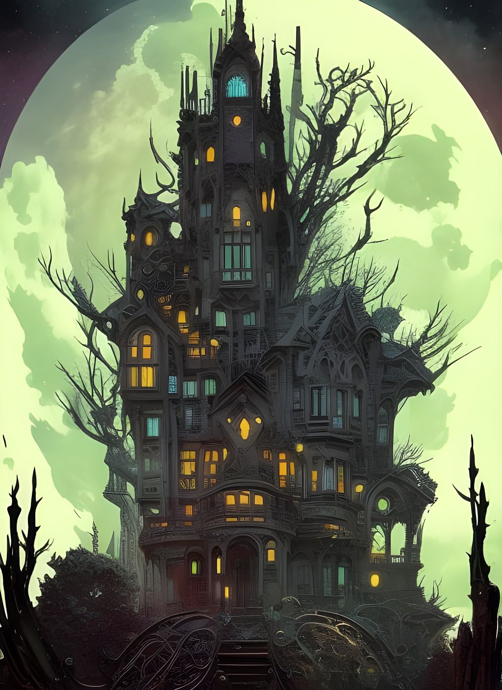 Gothic Mansion in Moon Crater: Lovecraftian Splash Art