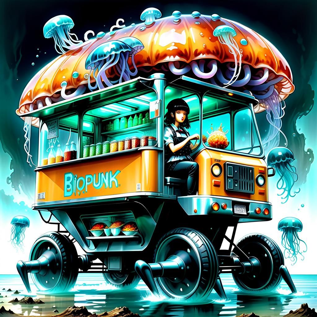 Biopunk Food Truck with Jellyfish Hybrid, Alcohol Ink Art