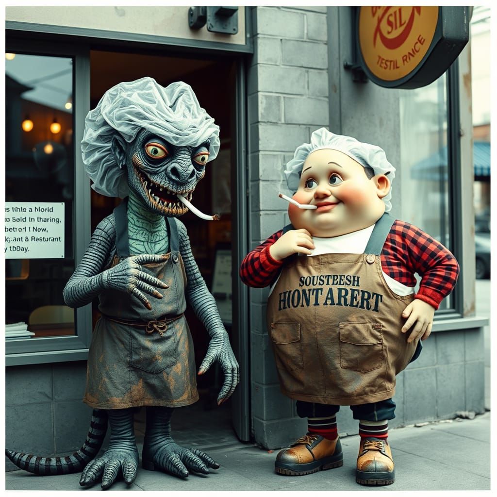 Gila Monster and Humpty Dumpty Smoke Behind Restaurant