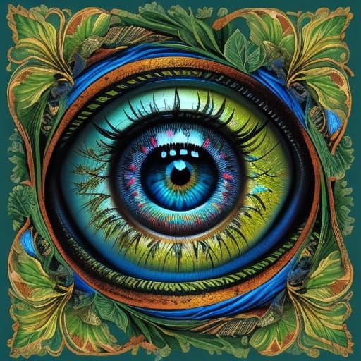 Vibrant Human Eye in Whimsical Floral Landscape