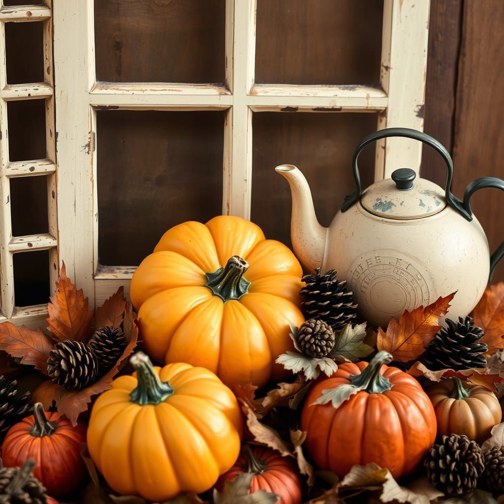 Rustic Autumn Scene with Pumpkins and Teapot