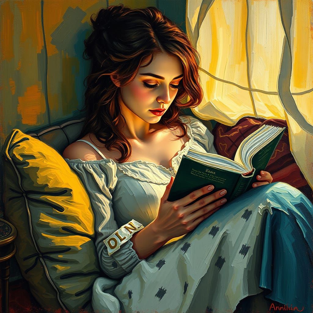 Woman Reading in Cozy Nook as Impasto Painting