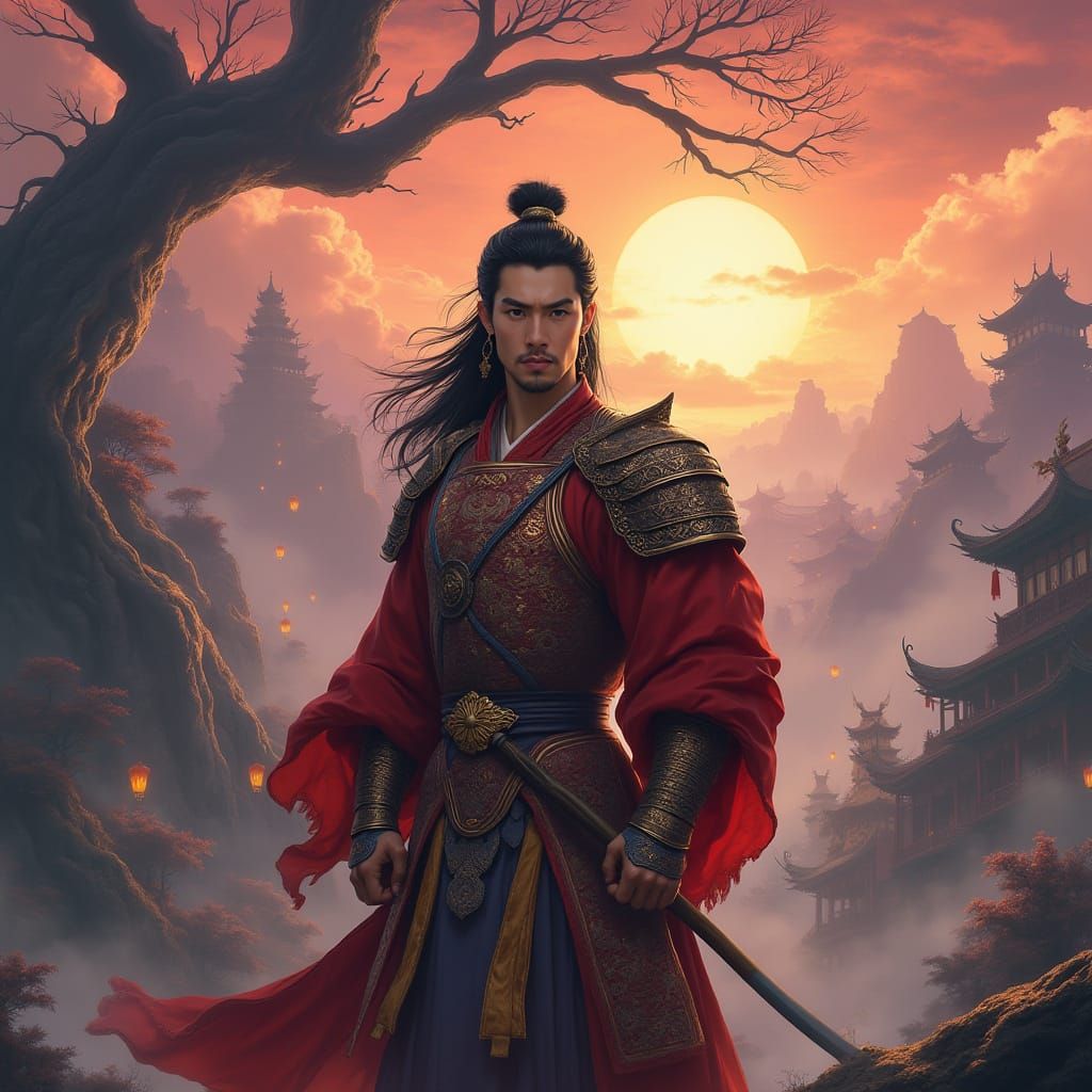 Heroic Warrior in Ancient Chinese Landscape