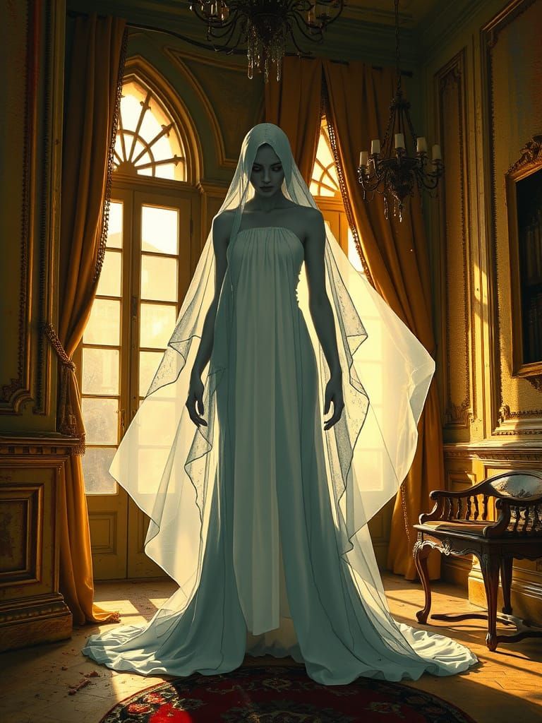 Sad Ghost Lady in Haunted Mansion, Abstract Art Style