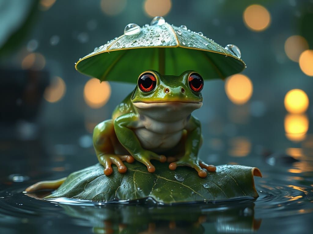 Cute Frog with Leaf Umbrella in Magical Rainy Night