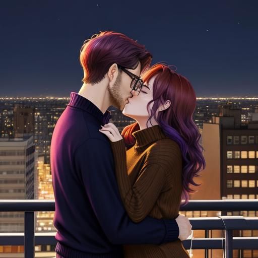 Romantic Rooftop Kiss in Warm Colors