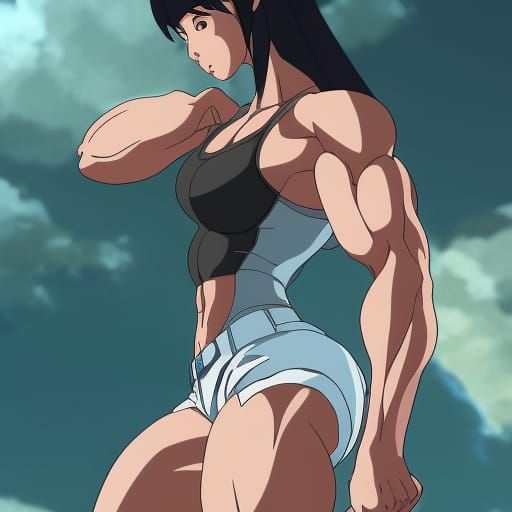 Muscle Girl Flexing in Studio Ghibli Anime Style