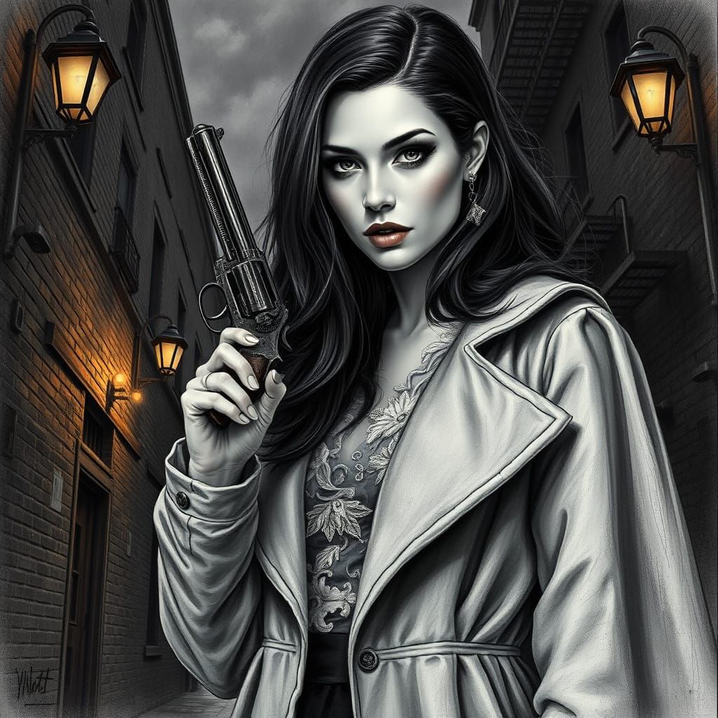Woman in Long Coat, Holding Ornate Revolver in Dark Urban Sc...
