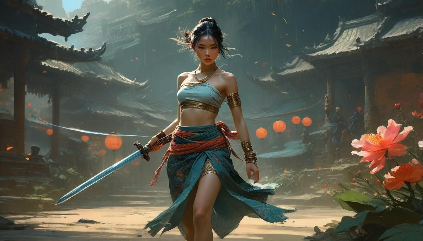 Princess Wielding Sword with Intricate Floral Patterns