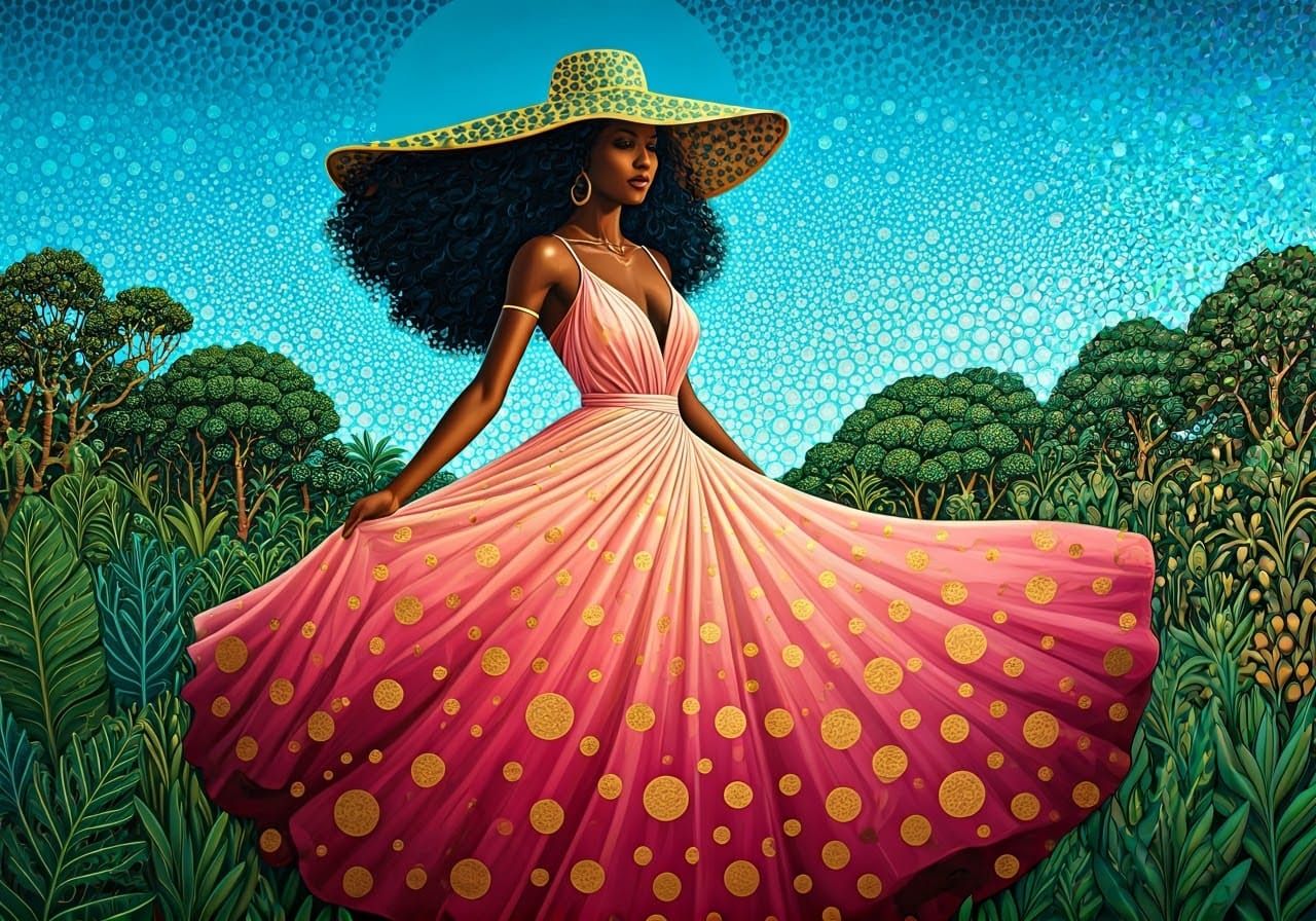 Black Woman in Ombre Dress and Gold Hat