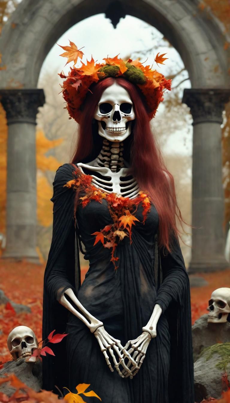 Gothic Persephone in Spooky Autumn Landscape